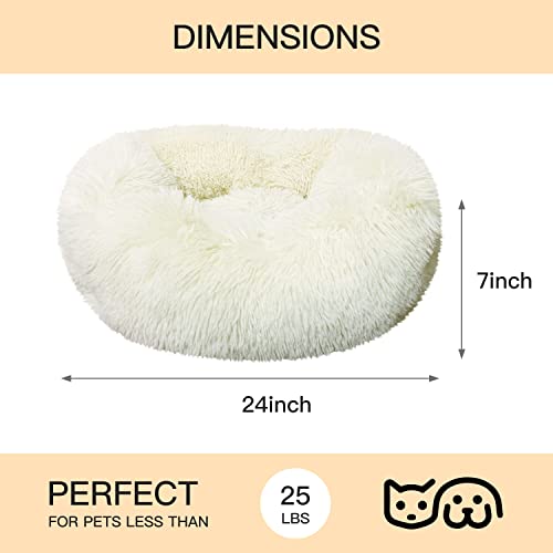 Foscvfu 24Inch Calming Cat Bed, Small Dog Cute Donut, Machine Washable, Soft Fluff Anti Anxiety Puppy Sofas, Fluffy Kitten Indoor Heating Animal House Cushion