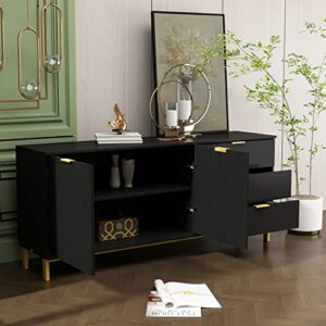 FUFU&GAGA Buffet Sideboard with 3 Drawers & 2 Doors Storage, Buffet Cabinet Sideboard Credenza Coffee Bar Cabinet, Metal Legs, for Dining Room and Living Room (62.9”W x 15.7”D x 27.5”H) (Black)