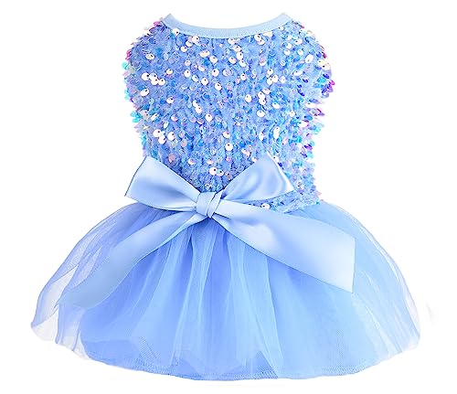 Dog Sweater Dress for Small Dogs Girl Fall Winter Fleece Warm Puppy Dresses Clothes Outfit Apparel Cute Sequins Bowknot Pet Skirt for Cats Holiday Doggie Wedding Dress Coats (X-Small, Blue)