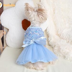 Dog Sweater Dress for Small Dogs Girl Fall Winter Fleece Warm Puppy Dresses Clothes Outfit Apparel Cute Sequins Bowknot Pet Skirt for Cats Holiday Doggie Wedding Dress Coats (X-Small, Blue)