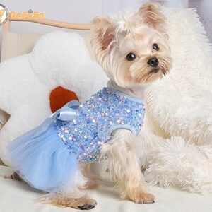 Dog Sweater Dress for Small Dogs Girl Fall Winter Fleece Warm Puppy Dresses Clothes Outfit Apparel Cute Sequins Bowknot Pet Skirt for Cats Holiday Doggie Wedding Dress Coats (X-Small, Blue)