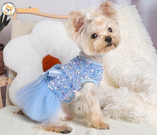 Dog Sweater Dress for Small Dogs Girl Fall Winter Fleece Warm Puppy Dresses Clothes Outfit Apparel Cute Sequins Bowknot Pet Skirt for Cats Holiday Doggie Wedding Dress Coats (X-Small, Blue)