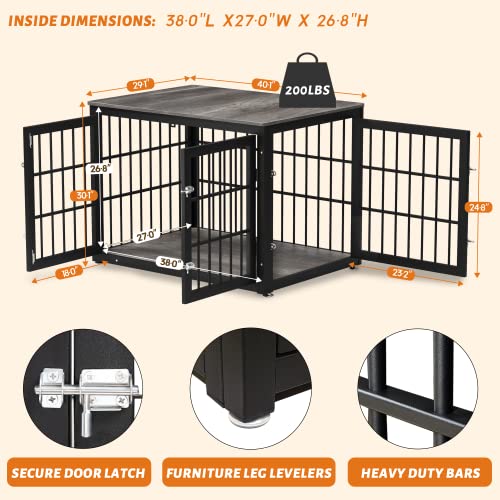 rehomerance Heavy Duty Dog Crate Furniture for Large and Medium Dogs, Decorative Pet House End Table, Wooden Cage Kennel Furniture Indoor, Gray