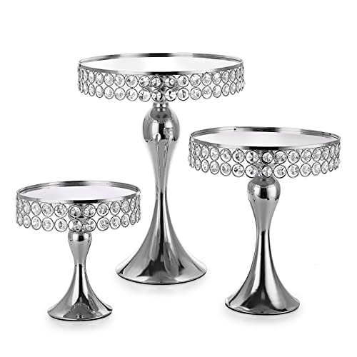 ELLDOO Set of 3 Crystal Wedding Cake Stands, 8/10/12 Inch Silver Round Cake Display Stand Pedestal, Metal Cupcake Stand Dessert Stand for Parties Birthday Baking Party Baby Showers Anniversary