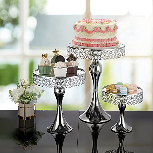 ELLDOO Set of 3 Crystal Wedding Cake Stands, 8/10/12 Inch Silver Round Cake Display Stand Pedestal, Metal Cupcake Stand Dessert Stand for Parties Birthday Baking Party Baby Showers Anniversary