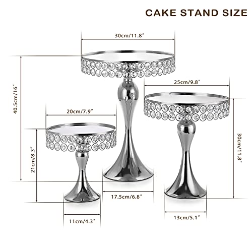 ELLDOO Set of 3 Crystal Wedding Cake Stands, 8/10/12 Inch Silver Round Cake Display Stand Pedestal, Metal Cupcake Stand Dessert Stand for Parties Birthday Baking Party Baby Showers Anniversary