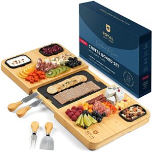 extra large bamboo charcuterie boards - large charcuterie board set w/ 3 sauce bowls, 4 knives & slate plate - unique cheese board & serving tray with charcuterie accessories - ideal housewarming gift