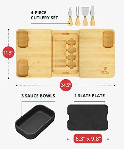 Extra Large Bamboo Charcuterie Boards - Large Charcuterie Board Set w/ 3 Sauce Bowls, 4 Knives & Slate Plate - Unique Cheese Board & Serving Tray with Charcuterie Accessories - Ideal Housewarming Gift