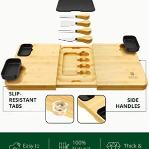 Extra Large Bamboo Charcuterie Boards - Large Charcuterie Board Set w/ 3 Sauce Bowls, 4 Knives & Slate Plate - Unique Cheese Board & Serving Tray with Charcuterie Accessories - Ideal Housewarming Gift