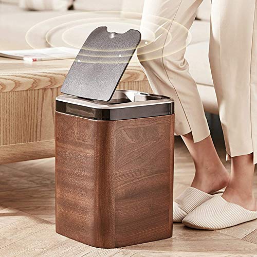 LXXSH Creative Smart Induction Trash Can 14L Automatic Trash Can with Lid Square Solid Wood Trash Can, Perfect for Bedroom Living Room Office Trash can for Bedroom