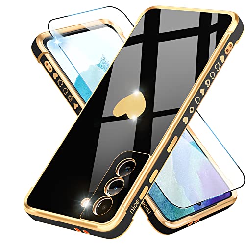 Atump Compatible with Samsung Galaxy S21 Case with HD Screen Protector Shockproof Protection, Love Heart Plating Girly Women Cute Soft TPU Luxury Elegant Case for Galaxy S21 5G, Black