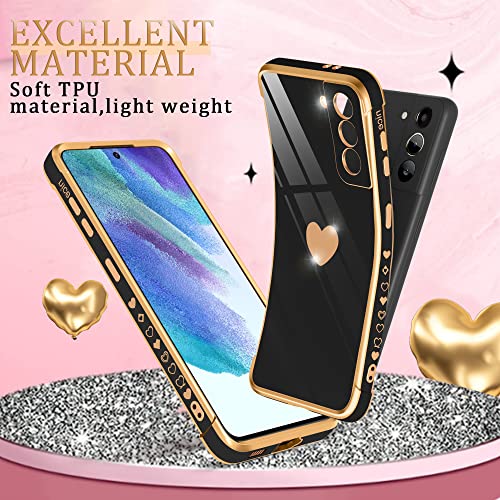 Atump Compatible with Samsung Galaxy S21 Case with HD Screen Protector Shockproof Protection, Love Heart Plating Girly Women Cute Soft TPU Luxury Elegant Case for Galaxy S21 5G, Black