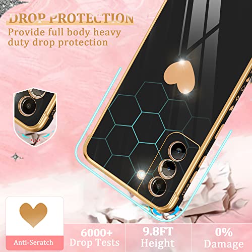 Atump Compatible with Samsung Galaxy S21 Case with HD Screen Protector Shockproof Protection, Love Heart Plating Girly Women Cute Soft TPU Luxury Elegant Case for Galaxy S21 5G, Black