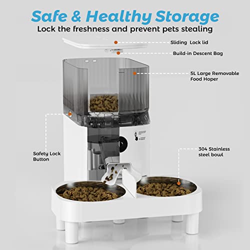 Sobralik 5L Automatic Pet Feeder for 2 Cats, 2.4G WiFi Smart Dry Food Dispenser with Splitter and Two Stainless Steel Bowls, Timed Pet Food Dispenser with App Control, 10s Voice Recording