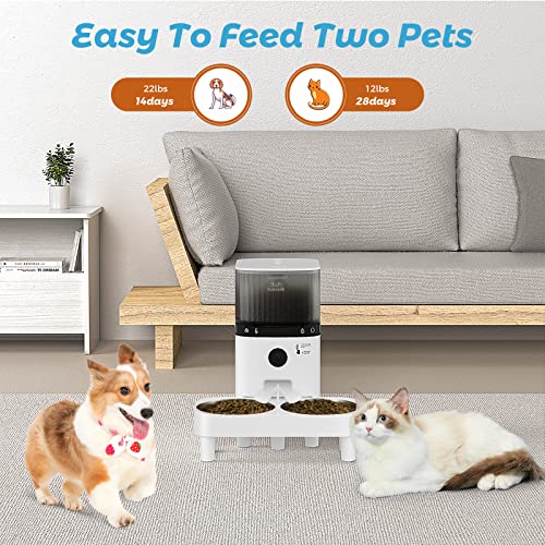 Sobralik 5L Automatic Pet Feeder for 2 Cats, 2.4G WiFi Smart Dry Food Dispenser with Splitter and Two Stainless Steel Bowls, Timed Pet Food Dispenser with App Control, 10s Voice Recording