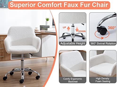 Home Office Desk Chair Height Adjustable - Faux Fur Desk Chair Wheels Swivel Rolling Office Chair, Modern Cute Computer Task Chair, Accent Chair Fluffy Desk Chair White Vanity Chair for Women, Girls