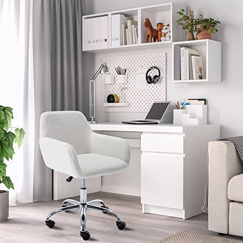 Home Office Desk Chair Height Adjustable - Faux Fur Desk Chair Wheels Swivel Rolling Office Chair, Modern Cute Computer Task Chair, Accent Chair Fluffy Desk Chair White Vanity Chair for Women, Girls