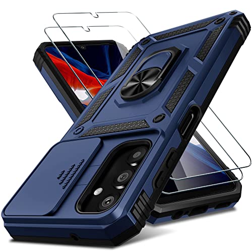 Janmitta Samsung Galaxy A14 5G Case Built in Slide Camera Lens Cover and Screen Protector,Heavy Duty Shockproof Full Body Protective Phone Cover,Built in Finger Ring Stable Holder Kickstand,2023 Blue