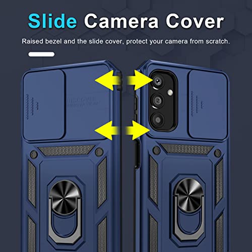 Janmitta Samsung Galaxy A14 5G Case Built in Slide Camera Lens Cover and Screen Protector,Heavy Duty Shockproof Full Body Protective Phone Cover,Built in Finger Ring Stable Holder Kickstand,2023 Blue