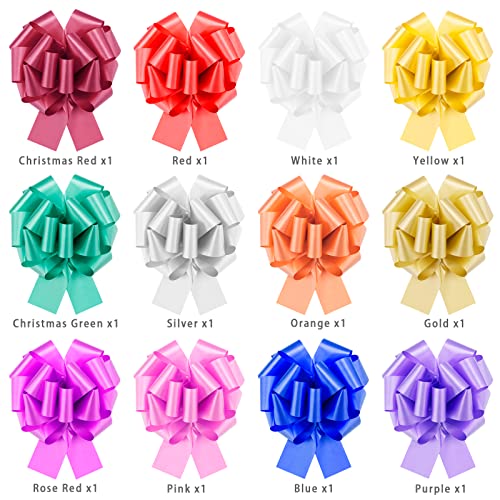 12PCS Pull Bows For Gift Wrapping 6 Inch Christmas Bows For Gift Basket Bag Box Wrapping Décor Large Ribbon Bows For Thanksgiving New Year Easter Birthday Valentines Day And Wedding Car Décor 12 Color