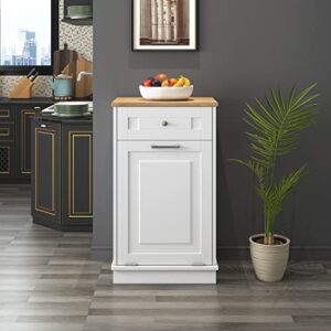 goodyo tilt out trash bin cabinet kitchen trash can wooden,oak top, white free standing w/drawer