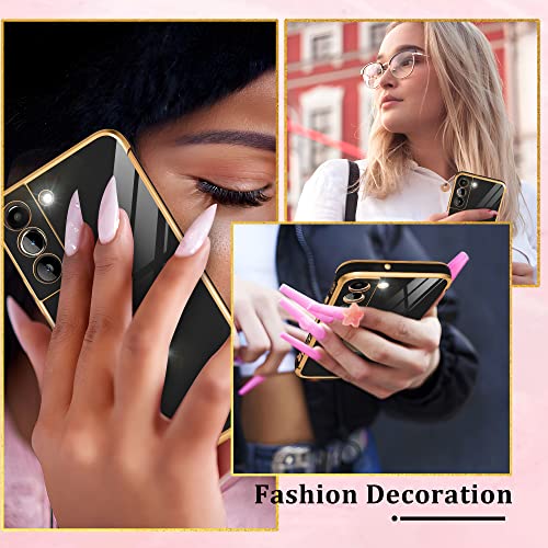 Atump Compatible with Samsung Galaxy S22 Case with HD Screen Protector Shockproof Protection, Love Heart Plating Girly Women Cute Soft TPU Luxury Elegant Case for Galaxy S22 5G Case, Black