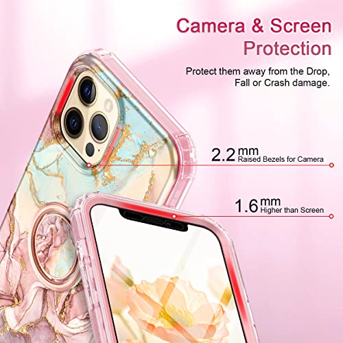 Btscase for iPhone 12 Pro Max Case 6.7 Inch, Built-in Screen Protector with 360° Ring Holder Kickstand, Full Body Dual Layer Rugged Shockproof Protective Cover, Rose Gold