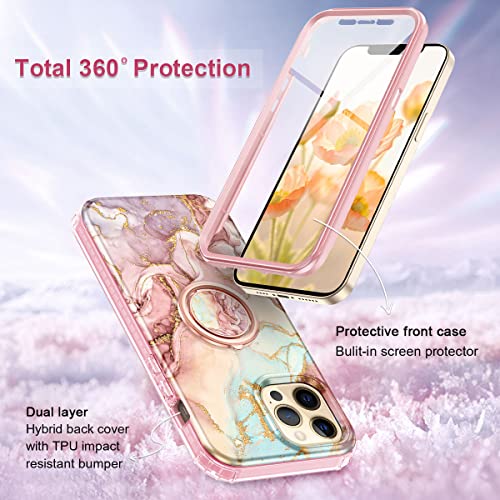 Btscase for iPhone 12 Pro Max Case 6.7 Inch, Built-in Screen Protector with 360° Ring Holder Kickstand, Full Body Dual Layer Rugged Shockproof Protective Cover, Rose Gold