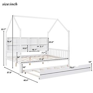 Merax Wood Full House Daybed with Trundle Bed Storage Shelf,Day Bed for Kids Boys Girls No Box Spring Needed White