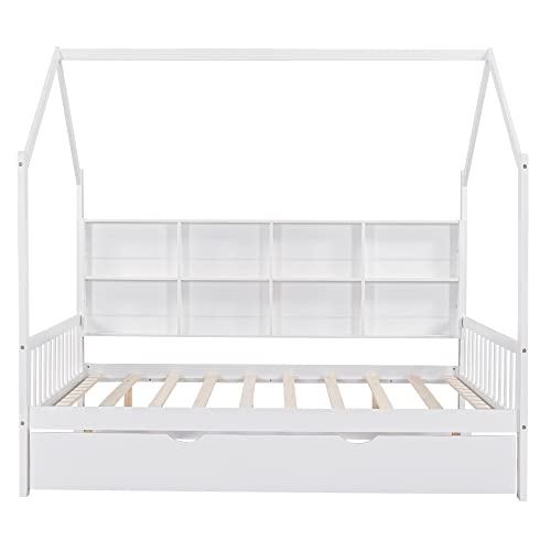 Merax Wood Full House Daybed with Trundle Bed Storage Shelf,Day Bed for Kids Boys Girls No Box Spring Needed White