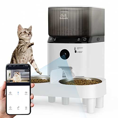 Sobralik Automatic Cat Feeder with Camera for Two Cats, 5L Auto Pet Feeder with 1080p Hd Video & 2-Way Audio, Portion Control, Dual Power Supply, Voice Recorder, 2.4G Wi-Fi Enabled