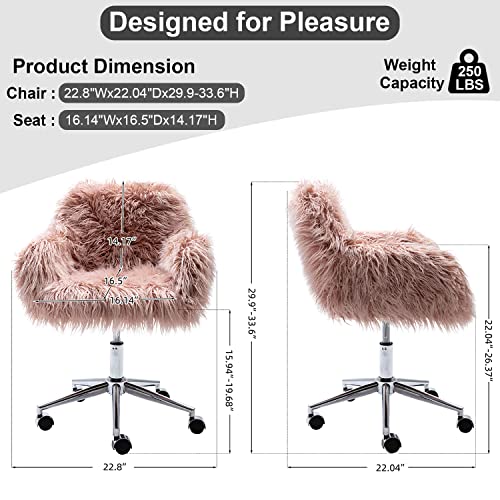 Pink Desk Chair Faux Fur Pink Office Chair Height Adjustable - Modern Cute Desk Chair Computer Chair Vanity Chair for Makeup Room, Fluffy Desk Chair with Wheels, Swivel Accent Chair for Bedroom Living