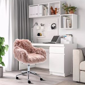 Pink Desk Chair Faux Fur Pink Office Chair Height Adjustable - Modern Cute Desk Chair Computer Chair Vanity Chair for Makeup Room, Fluffy Desk Chair with Wheels, Swivel Accent Chair for Bedroom Living