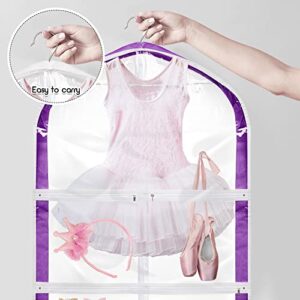 Clear Kids Dance Costume Garment Bag, 3 Pack Garment Bags for Hanging Clothes, PVC Dance Costume Bags with Garment Rack Dance Costume Organizer with Zipper Pockets for Travel Storage Kids Girls