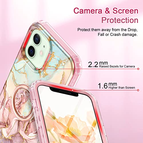 Btscase for iPhone 12/iPhone 12 Pro Case 6.1 Inch,Built-in Screen Protector with 360° Ring Holder Kickstand, Full Body Dual Layer Rugged Shockproof Protective Case for iPhone 12/12 Pro,Rose Gold