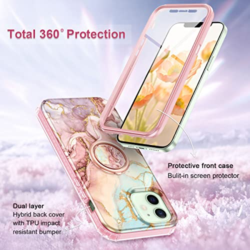 Btscase for iPhone 12/iPhone 12 Pro Case 6.1 Inch,Built-in Screen Protector with 360° Ring Holder Kickstand, Full Body Dual Layer Rugged Shockproof Protective Case for iPhone 12/12 Pro,Rose Gold