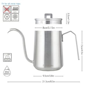 Easyworkz Gooseneck Pour Over Coffee Kettle 20 oz Stainless Steel Hand Drip Coffee Pot With Long Narrow Spout, Brushed Silver