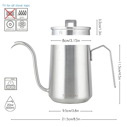 Easyworkz Gooseneck Pour Over Coffee Kettle 20 oz Stainless Steel Hand Drip Coffee Pot With Long Narrow Spout, Brushed Silver