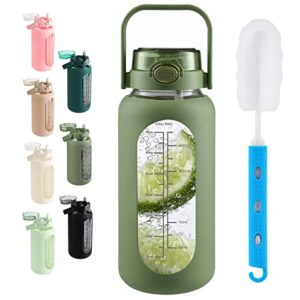 sierozur 64oz glass water bottle with straw and handle lid half gallon motivational glass bottle with silicone sleeve and time marker large reusable sports water jug for gym home workout