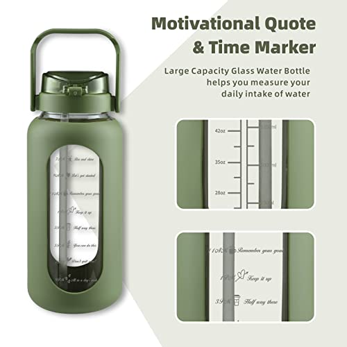 SIEROZUR 64oz Glass Water Bottle with Straw and Handle Lid Half Gallon Motivational Glass Bottle with Silicone Sleeve and Time Marker Large Reusable Sports Water Jug for Gym Home Workout