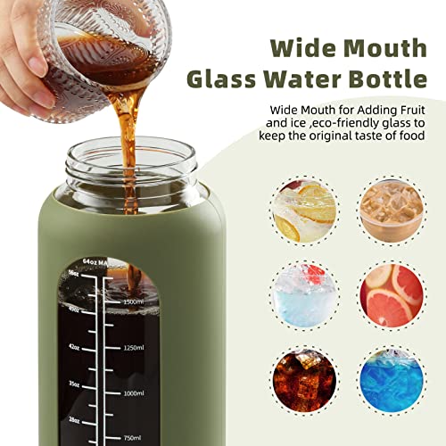 SIEROZUR 64oz Glass Water Bottle with Straw and Handle Lid Half Gallon Motivational Glass Bottle with Silicone Sleeve and Time Marker Large Reusable Sports Water Jug for Gym Home Workout