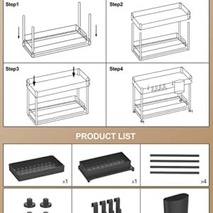 MERRYBOX 2 Pack Under Sink Organizers and Storage, Sliding Under Bathroom Cabinet Organizer, 2 Tier Kitchen Under Sink Organizer Pull Out Drawer with 8 Hooks, 2 Hanging Cups, 8 Non-Slip Feet, Black