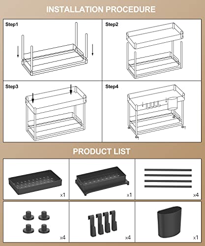 MERRYBOX 2 Pack Under Sink Organizers and Storage, Sliding Under Bathroom Cabinet Organizer, 2 Tier Kitchen Under Sink Organizer Pull Out Drawer with 8 Hooks, 2 Hanging Cups, 8 Non-Slip Feet, Black