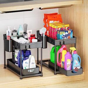 MERRYBOX 2 Pack Under Sink Organizers and Storage, Sliding Under Bathroom Cabinet Organizer, 2 Tier Kitchen Under Sink Organizer Pull Out Drawer with 8 Hooks, 2 Hanging Cups, 8 Non-Slip Feet, Black