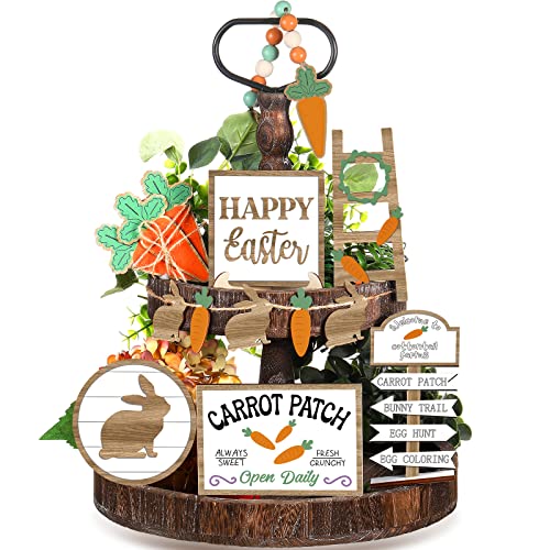 12 Pcs Easter Tiered Tray Decor Wooden Carrot Patch Bunny Egg Items Happy Easter Tray Signs for Spring Home Farmhouse Rustic Kitchen Decorations (Wooden Bunny)