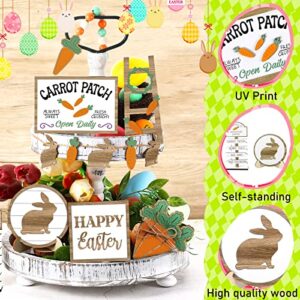 12 Pcs Easter Tiered Tray Decor Wooden Carrot Patch Bunny Egg Items Happy Easter Tray Signs for Spring Home Farmhouse Rustic Kitchen Decorations (Wooden Bunny)