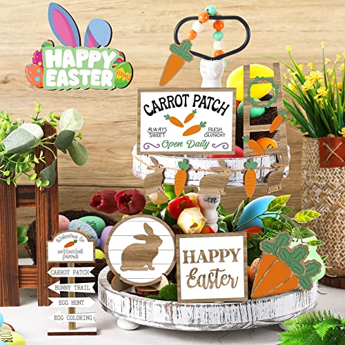 12 Pcs Easter Tiered Tray Decor Wooden Carrot Patch Bunny Egg Items Happy Easter Tray Signs for Spring Home Farmhouse Rustic Kitchen Decorations (Wooden Bunny)