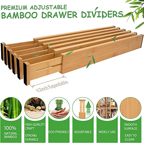 Adjustable Bamboo Drawer Dividers, 6 Pack Large Drawer Divider Organizer Expandable From 17.7-22", Drawer Separators For Kitchen Utensils, Dresser, Bedroom, Clothes, Bathroom