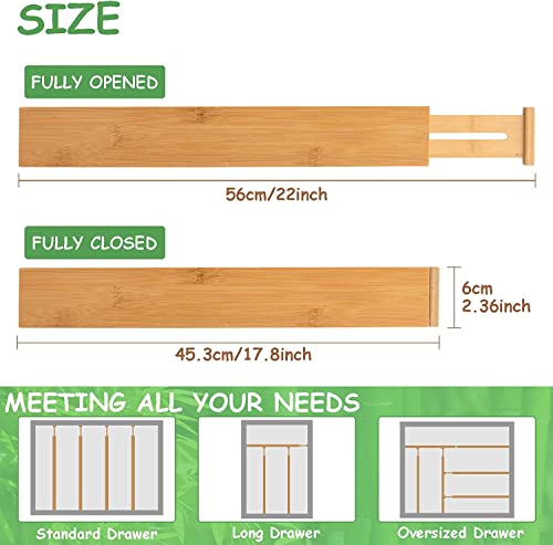 Adjustable Bamboo Drawer Dividers, 6 Pack Large Drawer Divider Organizer Expandable From 17.7-22", Drawer Separators For Kitchen Utensils, Dresser, Bedroom, Clothes, Bathroom