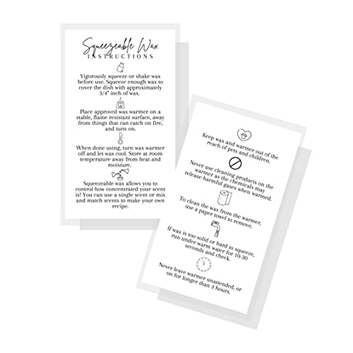 Squeezable Wax Instruction Care Cards Business Cards for Customers | 50 pk | How to Care for and use Your squeezable Scented Aroma Wax 2 x 3.5” in Meltable Wax for Plastic Squeeze Soft Tube Pouches